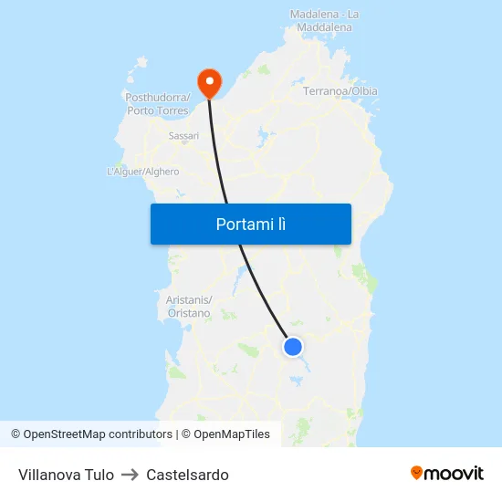 Villanova Tulo to Castelsardo map
