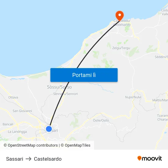 Sassari to Castelsardo map