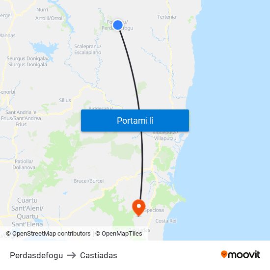 Perdasdefogu to Castiadas map
