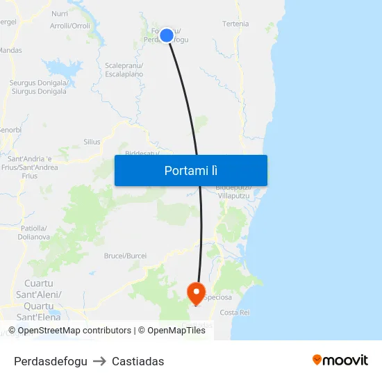 Perdasdefogu to Castiadas map