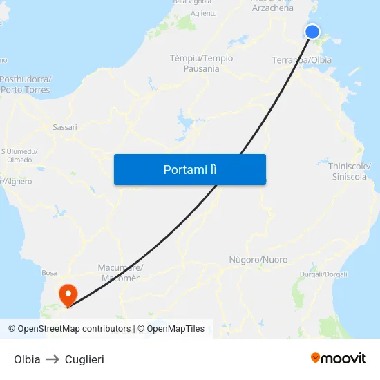 Olbia to Cuglieri map