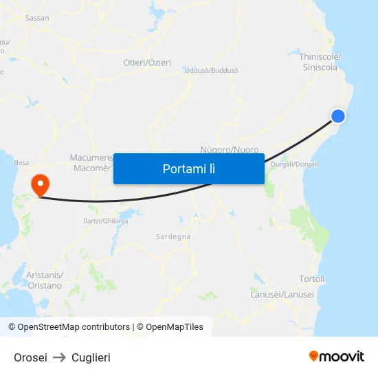 Orosei to Cuglieri map