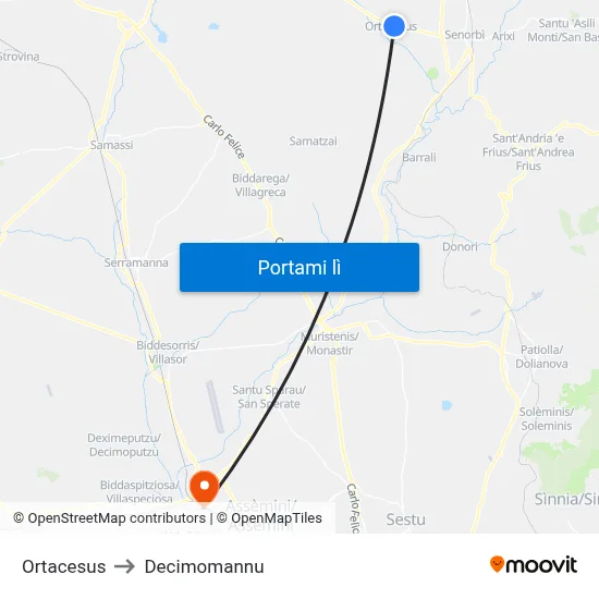 Ortacesus to Decimomannu map