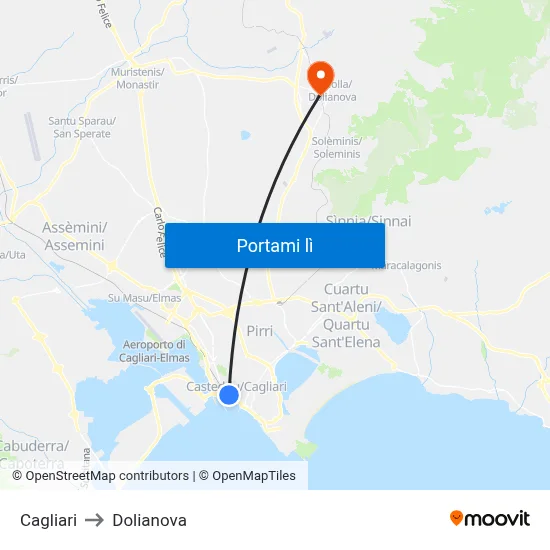 Cagliari to Dolianova map