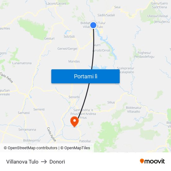 Villanova Tulo to Donorì map
