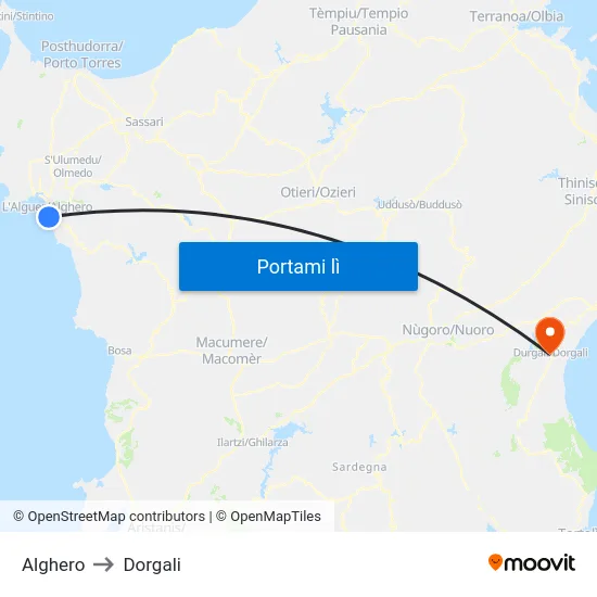 Alghero to Dorgali map