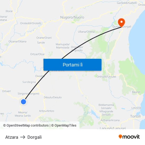 Atzara to Dorgali map