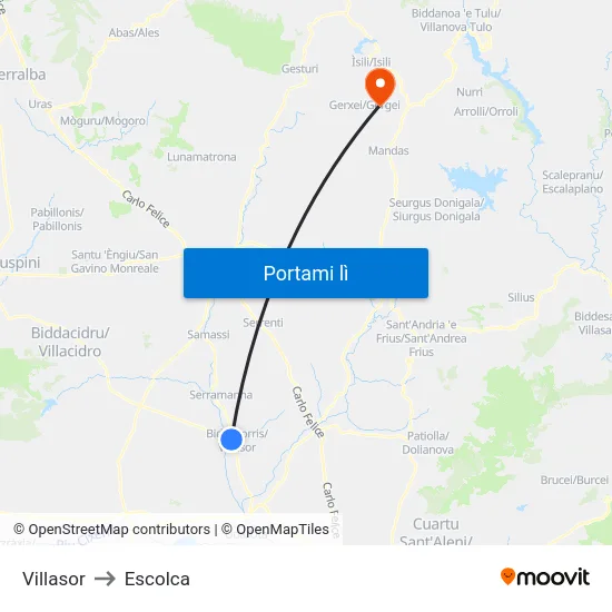Villasor to Escolca map