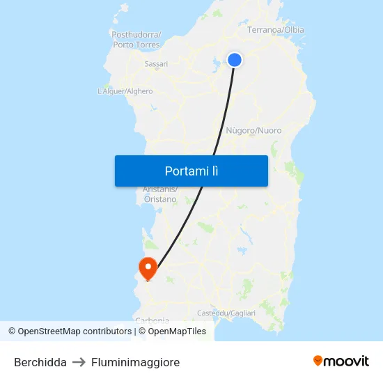 Berchidda to Fluminimaggiore map
