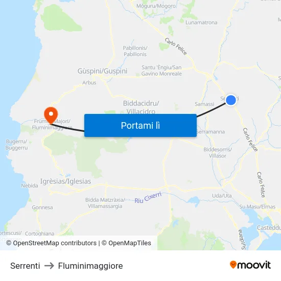 Serrenti to Fluminimaggiore map
