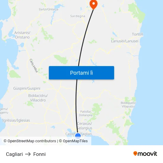 Cagliari to Fonni map