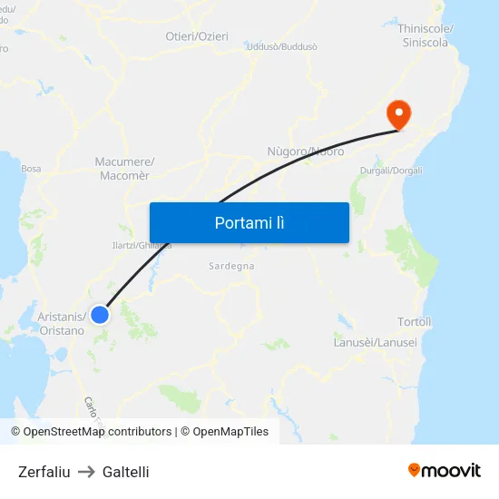 Zerfaliu to Galtelli map