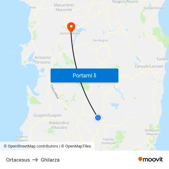 Ortacesus to Ghilarza map