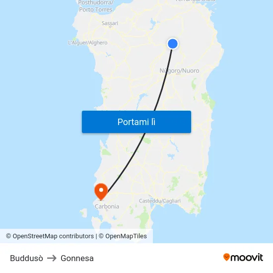 Buddusò to Gonnesa map
