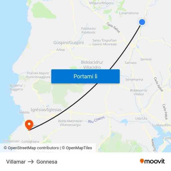 Villamar to Gonnesa map