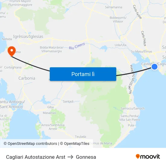 Cagliari Autostazione Arst to Gonnesa map