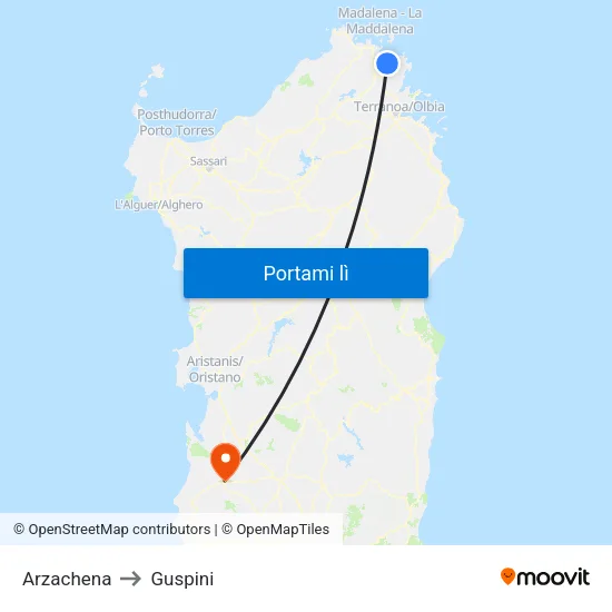 Arzachena to Guspini map