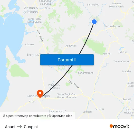 Asuni to Guspini map