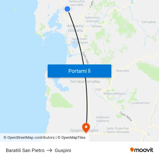 Baratili San Pietro to Guspini map