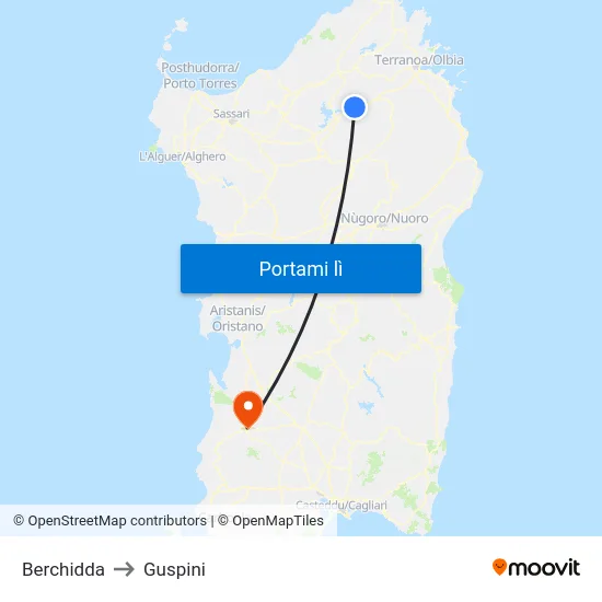 Berchidda to Guspini map