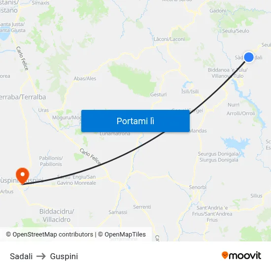 Sadali to Guspini map