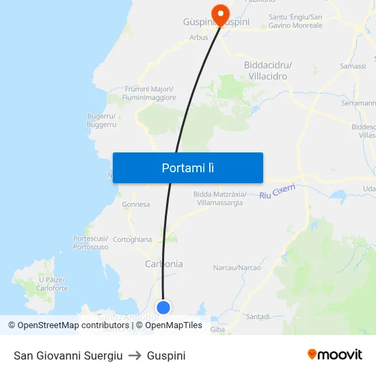 San Giovanni Suergiu to Guspini map