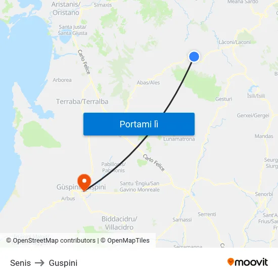 Senis to Guspini map