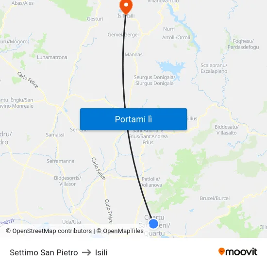 Settimo San Pietro to Isili map