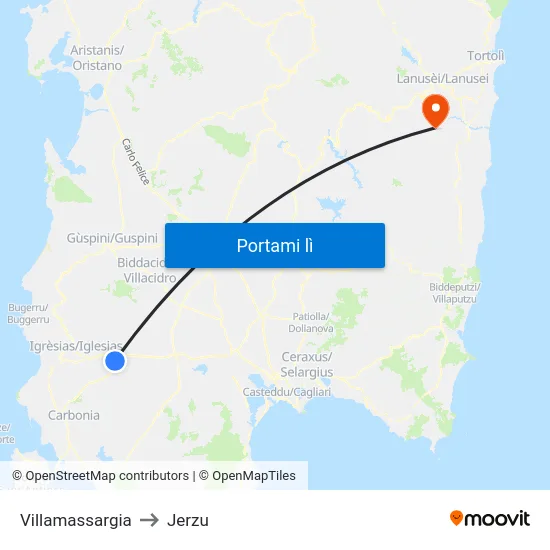 Villamassargia to Jerzu map