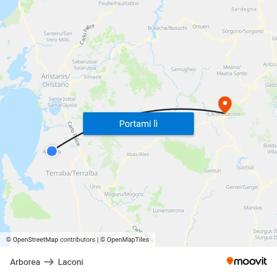 Arborea to Laconi map