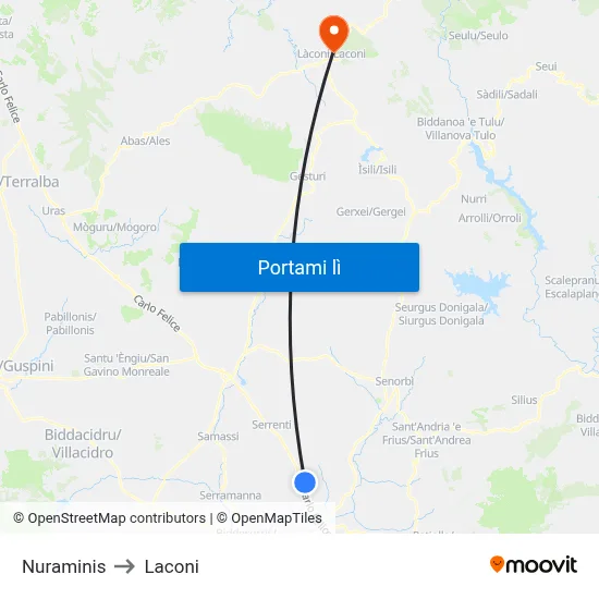 Nuraminis to Laconi map