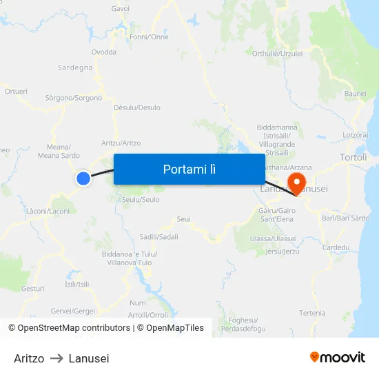 Aritzo to Lanusei map