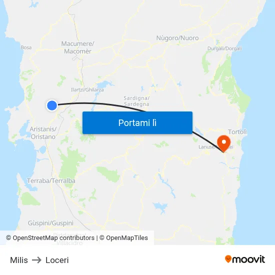 Milis to Loceri map