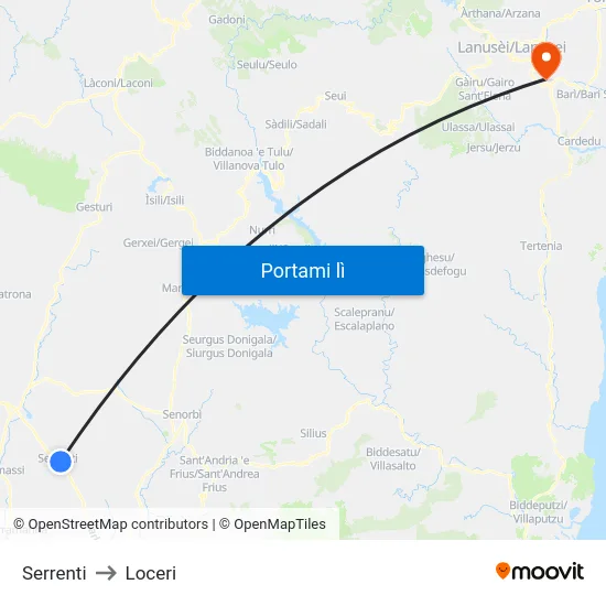 Serrenti to Loceri map