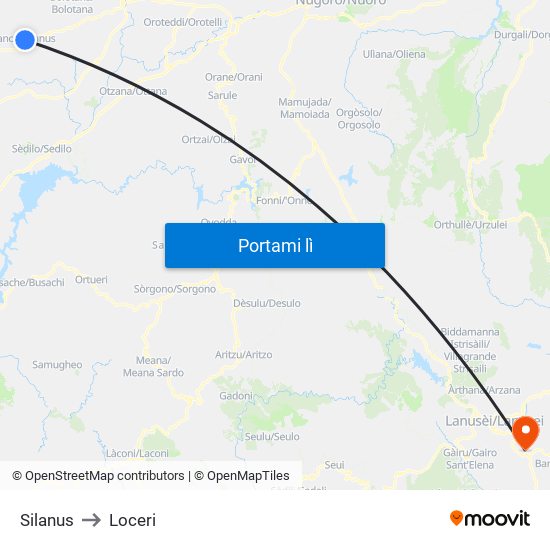 Silanus to Loceri map