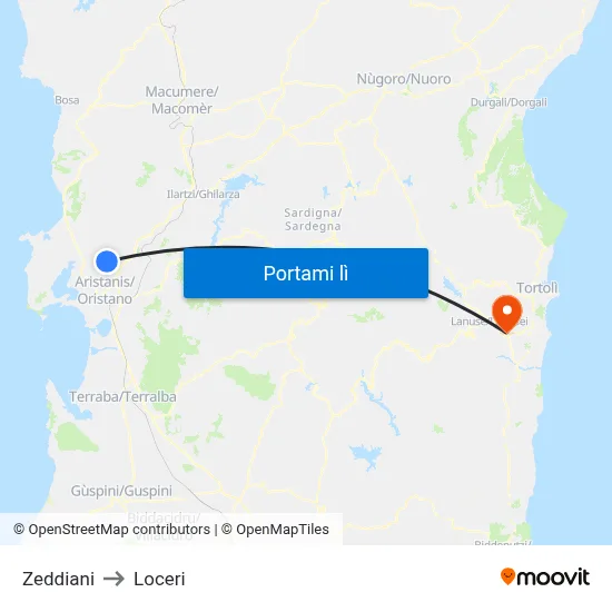 Zeddiani to Loceri map