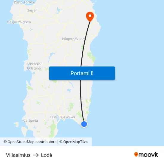 Villasimius to Lodè map
