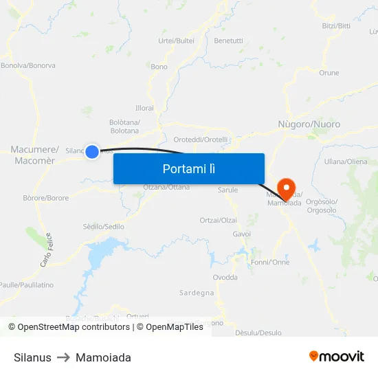 Silanus to Mamoiada map