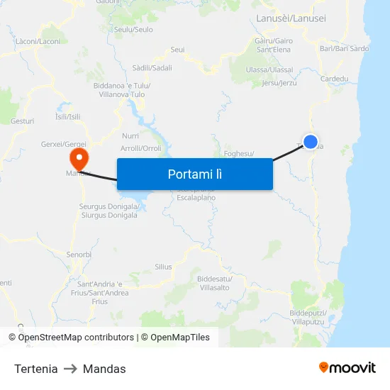 Tertenia to Mandas map