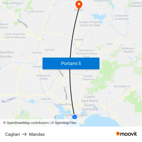 Cagliari to Mandas map