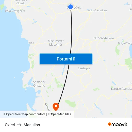 Ozieri to Masullas map