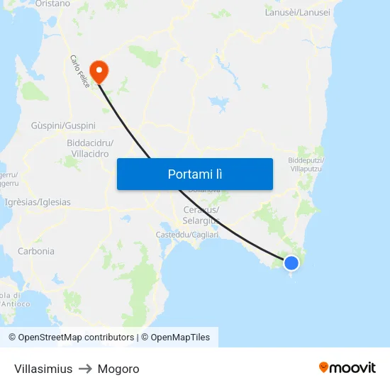 Villasimius to Mogoro map