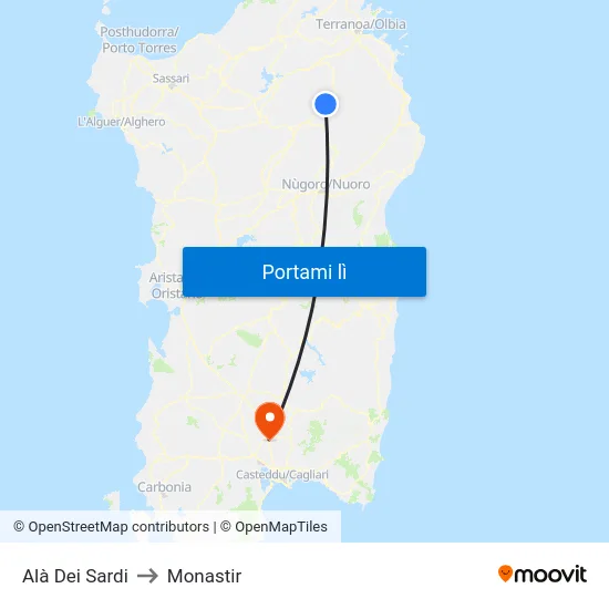 Alà Dei Sardi to Monastir map