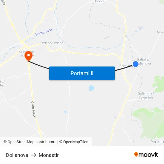 Dolianova to Monastir map