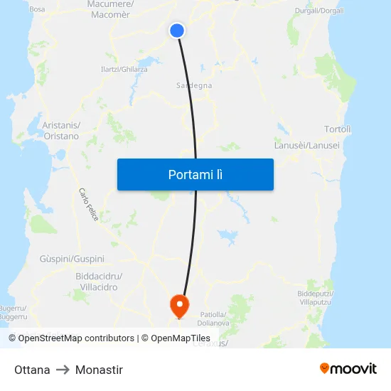 Ottana to Monastir map