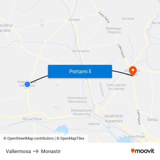 Vallermosa to Monastir map