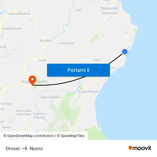 Orosei to Nuoro map