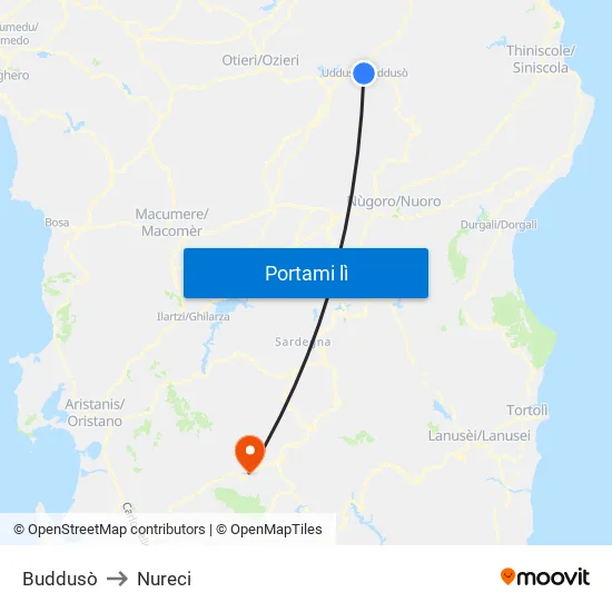 Buddusò to Nureci map