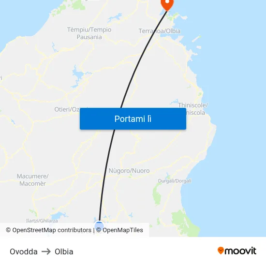 Ovodda to Olbia map
