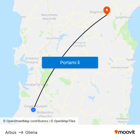 Arbus to Oliena map